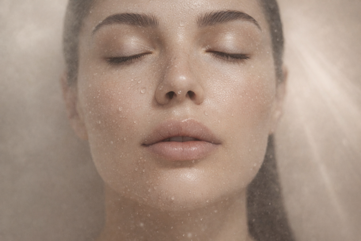 Close-up of dewy, calm skin misted with HYDRIST Recover Skin Mist