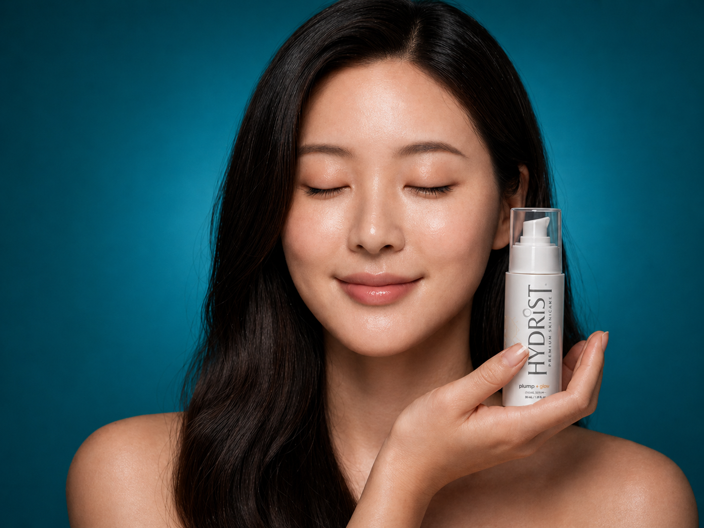 Woman with calm, even skin holding HYDRIST Plump serum against a teal background