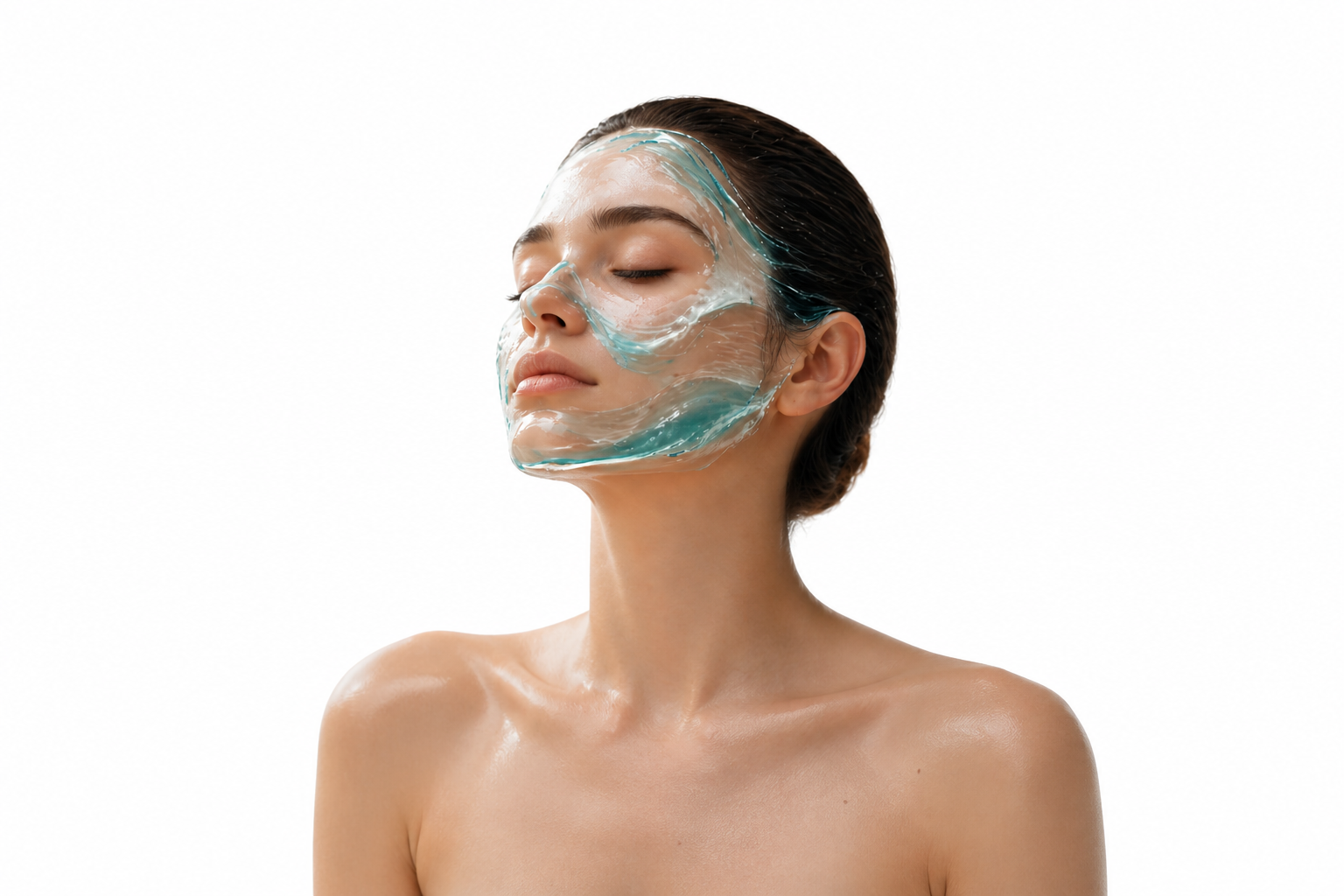 Woman with eyes closed, teal water flowing across her face in wave-like patterns, representing the skin's natural tidal water cycle