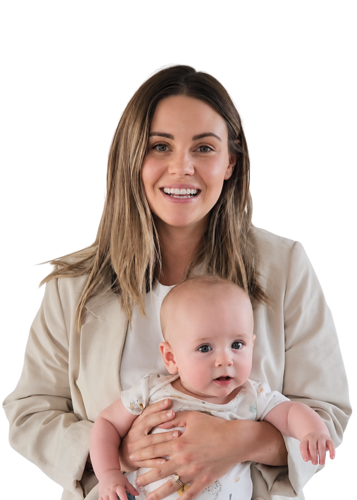 Woman in a beige blazer smiling and holding her baby — HYDRIST Real People, Real Skin