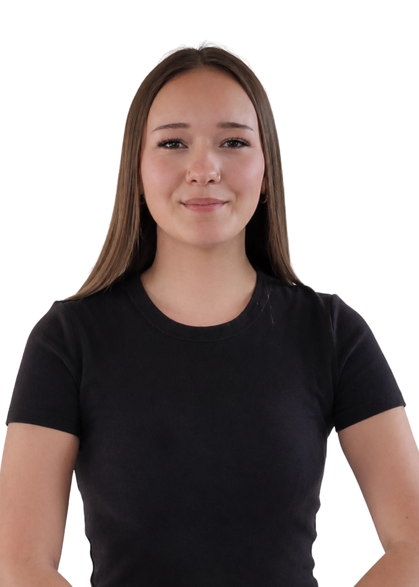 Young woman with straight brown hair smiling in a black t-shirt — HYDRIST Real People, Real Skin