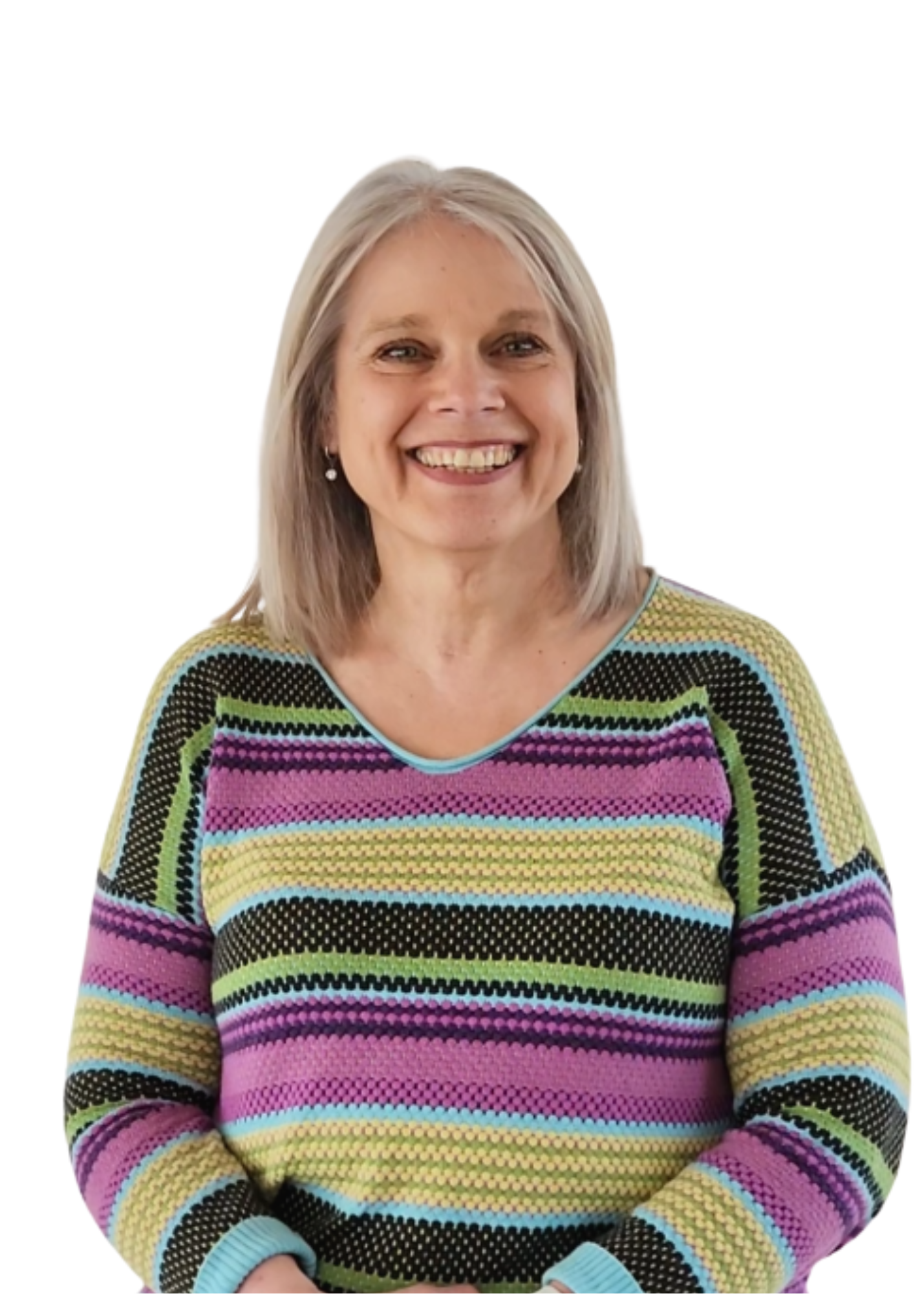 Woman smiling warmly in a colourful striped sweater — HYDRIST Real People, Real Skin
