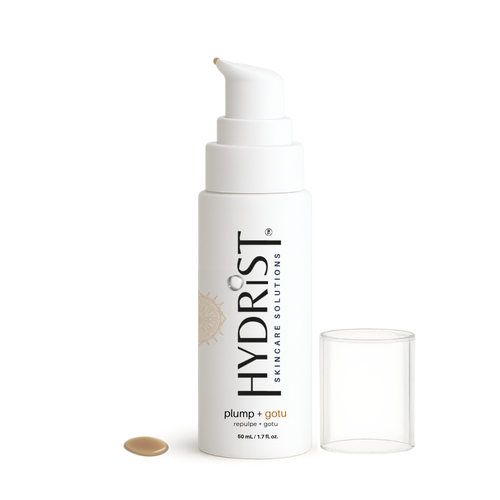 HYDRIST Plump + Gotu Serum 50mL bottle with botanical serum drop texture detail