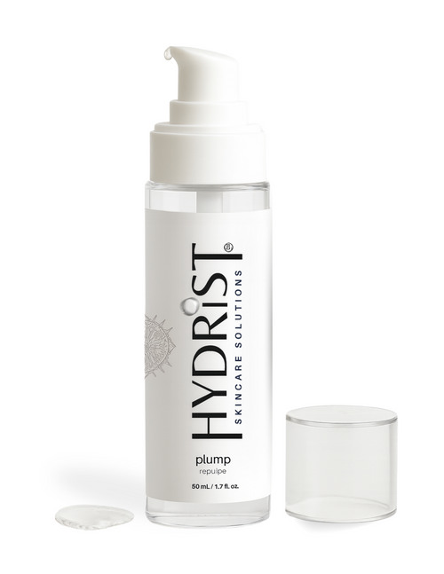 HYDRIST Plump Hyaluronic Acid Serum 50mL bottle with serum drop texture detail